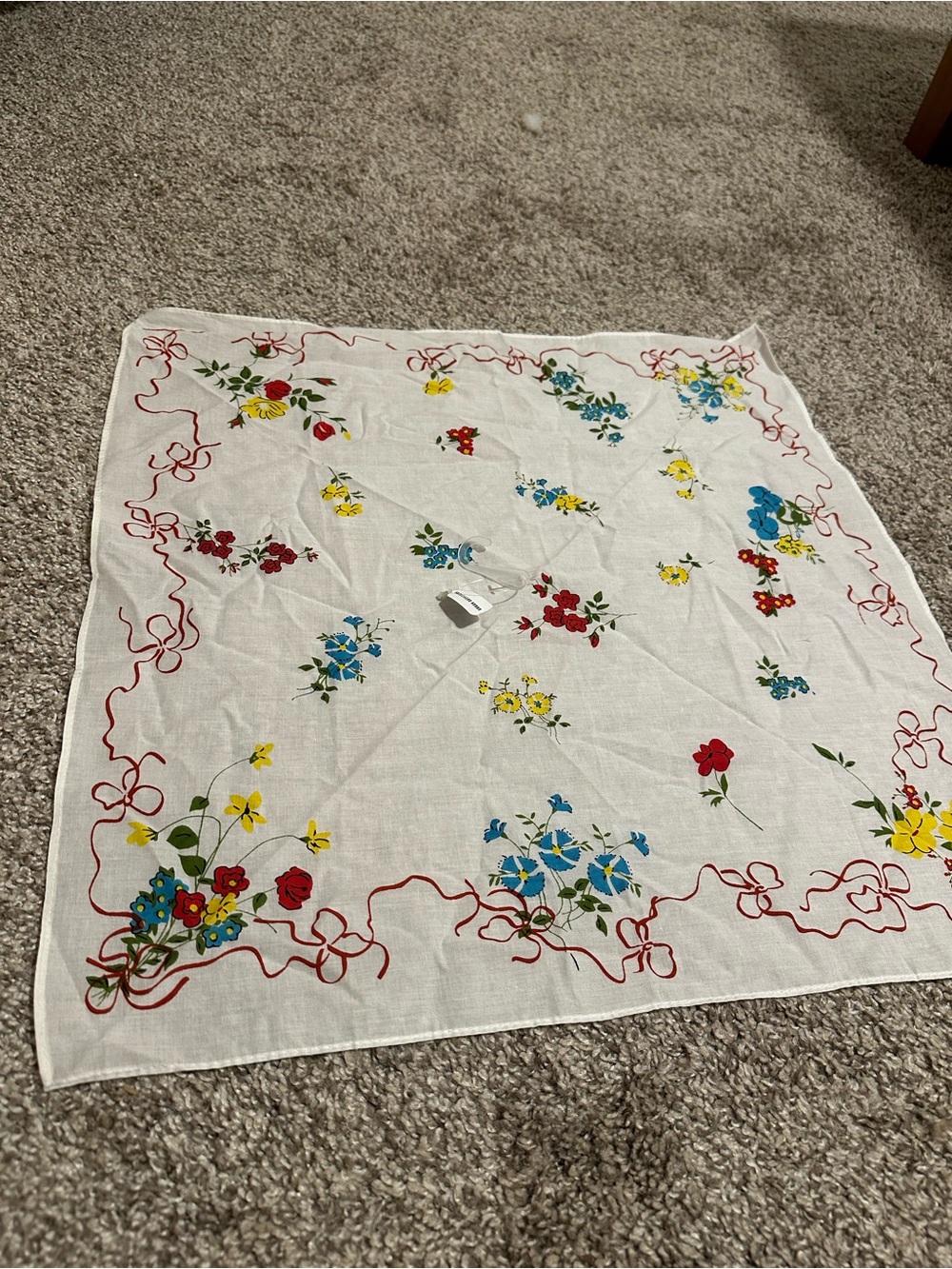 Vintage Floral Cotton Bandana Scarf - White with Red, Yellow & Blue Flowers - Picture 2 of 3